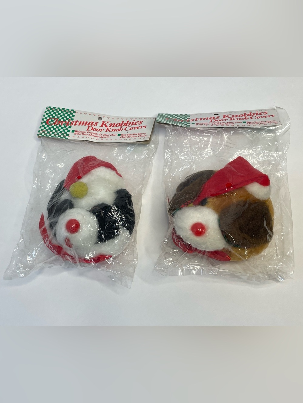 Vintage Christmas Panda Bear & Dog Door Knob Covers Plush Holiday NWT Set Of 2